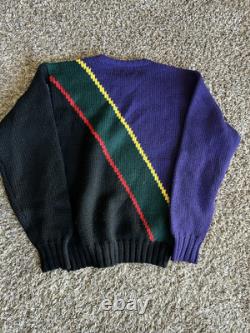 Vintage POLO RALPH LAUREN Men's Sweater Large Wool Purple Black Green Stripe