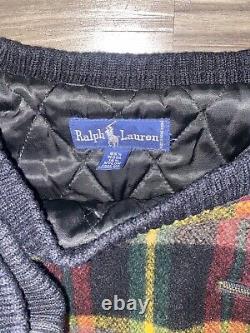 Vintage POLO Ralph Lauren Quilted Nylon Lined Wool Plaid Sweater M/L Gold Zipper