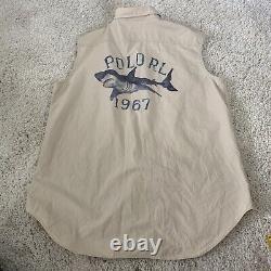 Vintage POLO Ralph Lauren Shirt Mens Large Sleveless Cut-Off Khaki Shark RARE