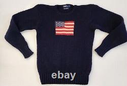 Vintage Polo Ralph Lauren American Flag Blue Knit Sweater Small 100% Cotton
