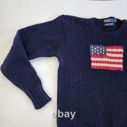 Vintage Polo Ralph Lauren American Flag Blue Knit Sweater Small 100% Cotton