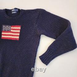 Vintage Polo Ralph Lauren American Flag Blue Knit Sweater Small 100% Cotton