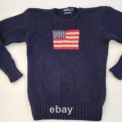 Vintage Polo Ralph Lauren American Flag Blue Knit Sweater Small 100% Cotton
