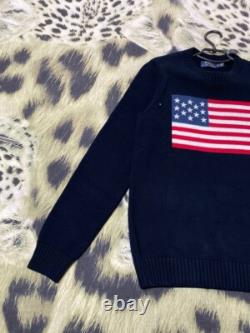 Vintage Polo Ralph Lauren Baby Blue USA Flag Hand Knit Crewneck M Sweater