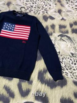 Vintage Polo Ralph Lauren Baby Blue USA Flag Hand Knit Crewneck M Sweater