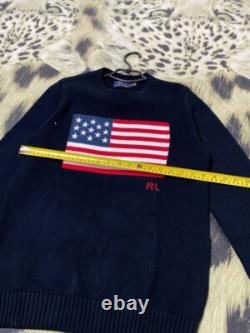 Vintage Polo Ralph Lauren Baby Blue USA Flag Hand Knit Crewneck M Sweater