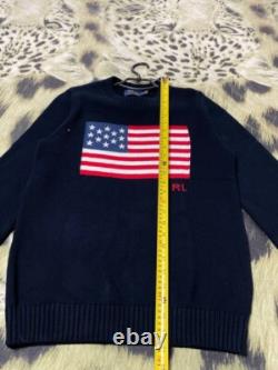 Vintage Polo Ralph Lauren Baby Blue USA Flag Hand Knit Crewneck M Sweater