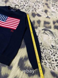 Vintage Polo Ralph Lauren Baby Blue USA Flag Hand Knit Crewneck M Sweater