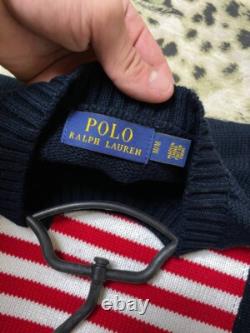 Vintage Polo Ralph Lauren Baby Blue USA Flag Hand Knit Crewneck M Sweater