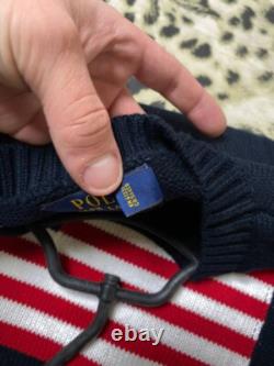 Vintage Polo Ralph Lauren Baby Blue USA Flag Hand Knit Crewneck M Sweater