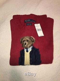 Vintage Polo Ralph Lauren Bear Sweater 2001 Red 2XL XXL Hand Knit Rare NWT