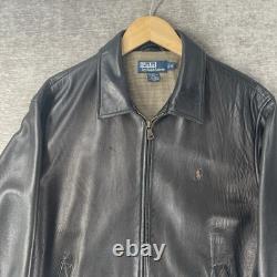 Vintage Polo Ralph Lauren Black Leather Bomber Jacket Men's Medium Plaid Lining