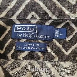 Vintage Polo Ralph Lauren Clayton Mens L Linen Button Shirt Brown Safari Aztec