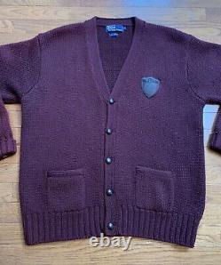 Vintage Polo Ralph Lauren College Crest Wool Cardigan Sweater Maroon XL