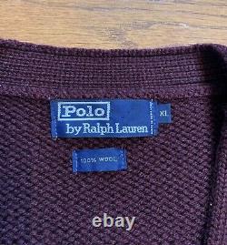 Vintage Polo Ralph Lauren College Crest Wool Cardigan Sweater Maroon XL