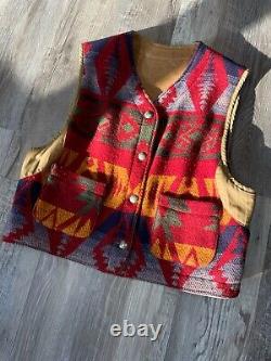 Vintage Polo Ralph Lauren Country Wool Leather Aztec Vest Size M