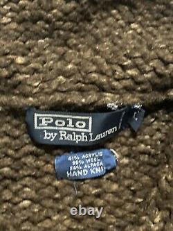 Vintage Polo Ralph Lauren Hand Knit Sweater Sz Large Chunky Hood Elbow Patch