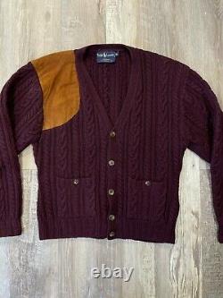 Vintage Polo Ralph Lauren Hand Knit Wool Suede Cardigan Sweater Size S Burgundy