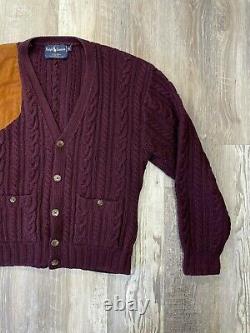 Vintage Polo Ralph Lauren Hand Knit Wool Suede Cardigan Sweater Size S Burgundy