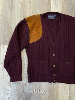 Vintage Polo Ralph Lauren Hand Knit Wool Suede Cardigan Sweater Size S Burgundy