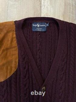 Vintage Polo Ralph Lauren Hand Knit Wool Suede Cardigan Sweater Size S Burgundy