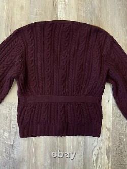 Vintage Polo Ralph Lauren Hand Knit Wool Suede Cardigan Sweater Size S Burgundy