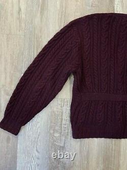 Vintage Polo Ralph Lauren Hand Knit Wool Suede Cardigan Sweater Size S Burgundy