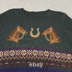 Vintage Polo Ralph Lauren Horse Equestrian Fair Isle Hand Knit Wool Sweater Sz L