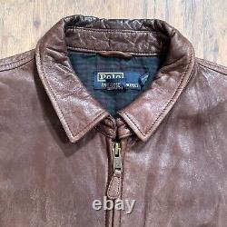 Vintage Polo Ralph Lauren Jacket Mens L Brown Leather Bomber Lined Racer Pockets