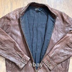 Vintage Polo Ralph Lauren Jacket Mens L Brown Leather Bomber Lined Racer Pockets