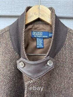Vintage Polo Ralph Lauren Jacket Mens Large Brown Wool Herringbone Leather Elbow
