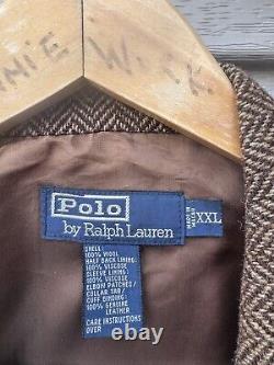 Vintage Polo Ralph Lauren Jacket Mens Large Brown Wool Herringbone Leather Elbow