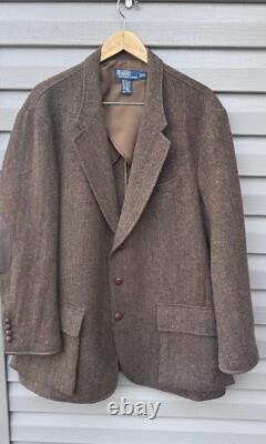 Vintage Polo Ralph Lauren Jacket Mens Large Brown Wool Herringbone Leather Elbow