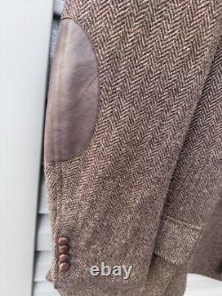Vintage Polo Ralph Lauren Jacket Mens Large Brown Wool Herringbone Leather Elbow