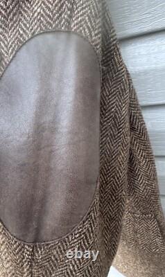 Vintage Polo Ralph Lauren Jacket Mens Large Brown Wool Herringbone Leather Elbow