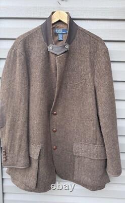 Vintage Polo Ralph Lauren Jacket Mens Large Brown Wool Herringbone Leather Elbow