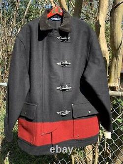 Vintage Polo Ralph Lauren Large Fireman Jacket Red Black Wool Metal Toggle Thick