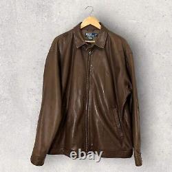 Vintage Polo Ralph Lauren Leather Jacket Mens XL Dark Brown Houndstooth Lining