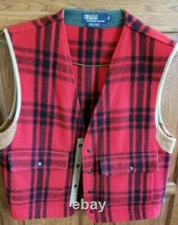 Vintage Polo Ralph Lauren Men XL Hunting Red Buffalo Plaid Leather Wool Vest