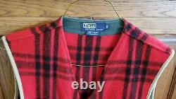 Vintage Polo Ralph Lauren Men XL Hunting Red Buffalo Plaid Leather Wool Vest