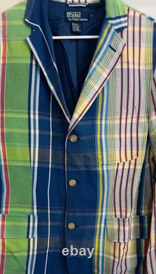 Vintage Polo Ralph Lauren Mens Linen Cotton Plaid Blazer Size Medium Multi-color