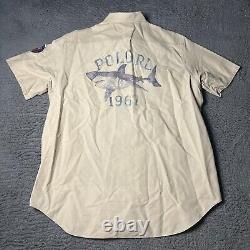 Vintage Polo Ralph Lauren Shirt Mens XL Tan Ocean Camp Shark Fishing Patch 2003