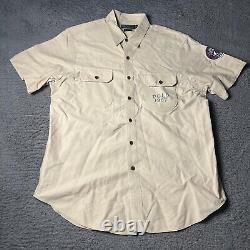 Vintage Polo Ralph Lauren Shirt Mens XL Tan Ocean Camp Shark Fishing Patch 2003