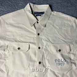 Vintage Polo Ralph Lauren Shirt Mens XL Tan Ocean Camp Shark Fishing Patch 2003