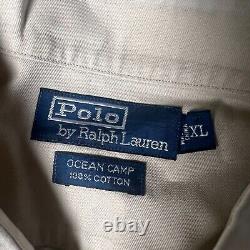 Vintage Polo Ralph Lauren Shirt Mens XL Tan Ocean Camp Shark Fishing Patch 2003