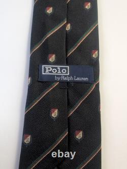 Vintage Polo Ralph Lauren Short Mens Tie, Black Striped with Green Red Crest, Repp