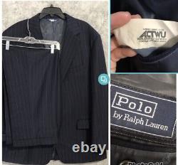 Vintage Polo Ralph Lauren Suit Blazer 46T Pants 36X30 Blue Wool Pinstripe USA