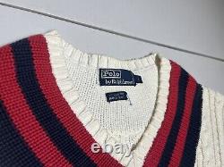 Vintage Polo Ralph Lauren Sweater Crest V Neck Tennis Cable Hand Knit Men's XL