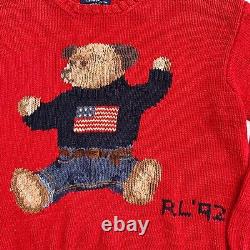 Vintage Polo Ralph Lauren Sz L 92 Sit Down Bear Flag Hand Knit Red Sweater