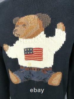 Vintage Polo Ralph Lauren Teddy Bear Handknit Navy Blue Men Sweater Jumper Small